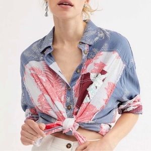 Free People Chasing Waves Linen Blend Button Up Shirt Size Extra Large